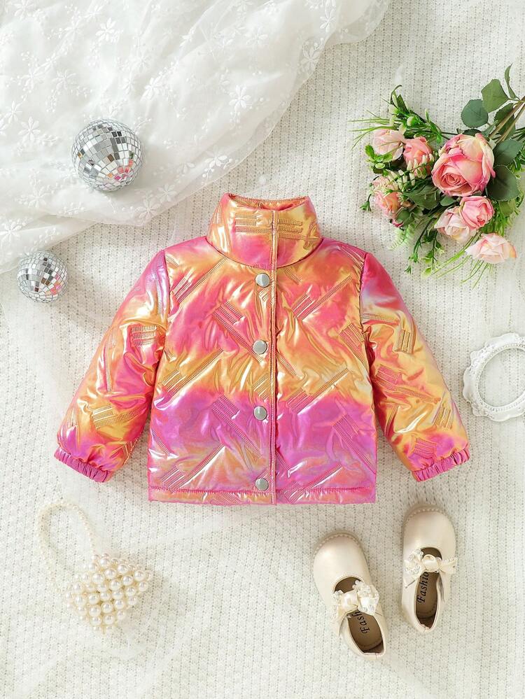 Baby Girl Holographic Zip Up Snap Button Metallic Padded Coat