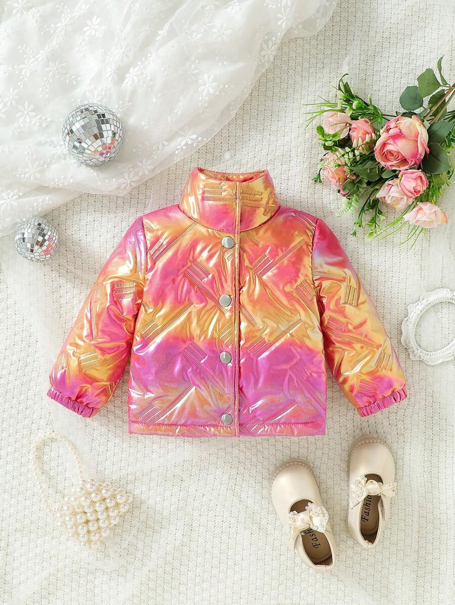 SHEIN Baby Girl Holographic Zip Up Snap Button Metallic Padded Coat