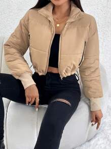 SHEIN PETITE Áo khoác đệm vai thả khóa kéo viền rút - màu nâu - Xem 1