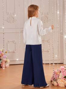 SHEIN 女大童1入組荷葉邊前蝴蝶結襯衫和1入組百褶闊腿褲 - 彩色 - 查看 5