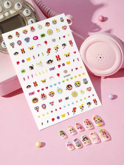 THE POWERPUFF GIRLS X SHEIN 可爱的花朵、泡泡、金凤花图案指甲贴