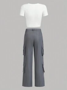 SHEIN Teen Girl Figure Graphic Tee & Flap Pocket Cargo Pants - Grey - View 2