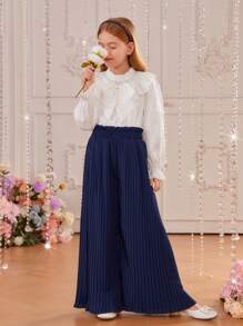 SHEIN 女大童1入組荷葉邊前蝴蝶結襯衫和1入組百褶闊腿褲 - 彩色 - 查看 8