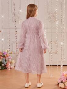 SHEIN Tween Girl Bow Front Lantern Sleeve Fuzzy Dress - Pink - View 4