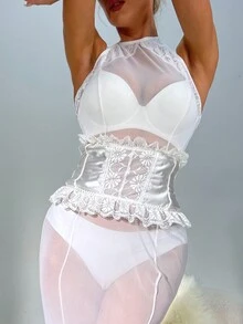 後背繫帶荷葉邊緞面塑身上衣 - 白色 - 查看 6