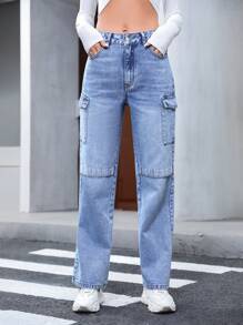 SHEIN Privé 有蓋口袋側工裝牛仔褲 - 藍色 - 查看 1