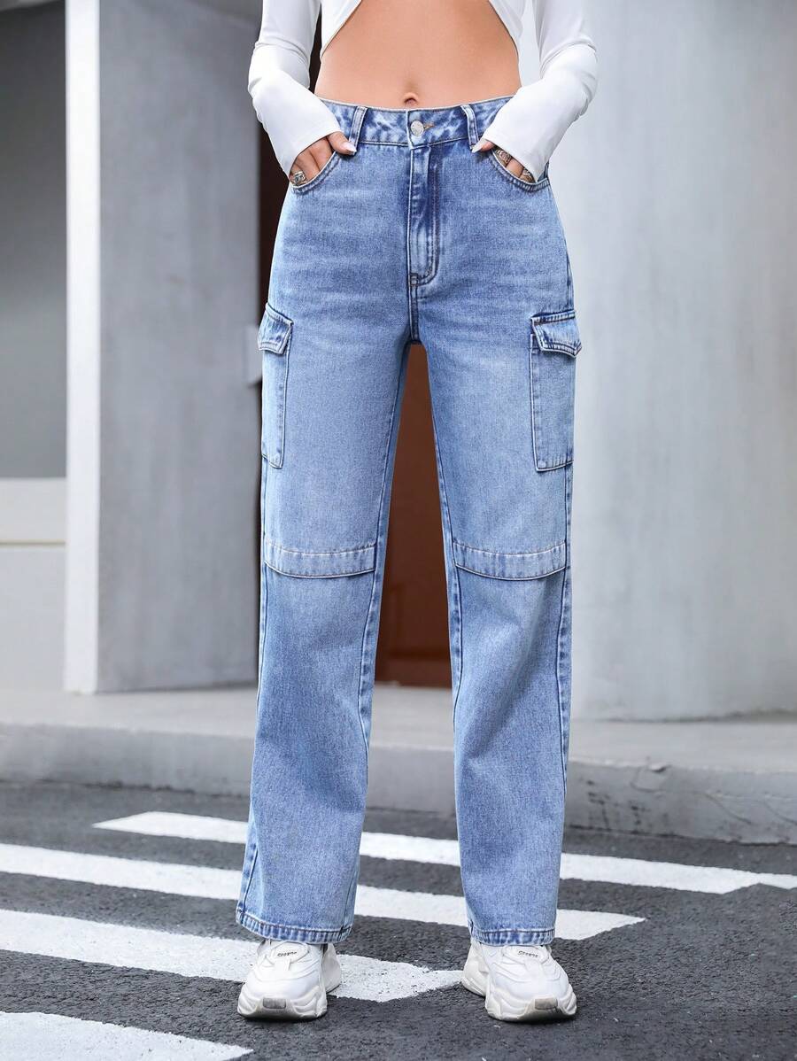 SHEIN Privé 有蓋口袋側工裝牛仔褲 - 藍色 - 查看 1