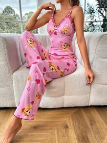 Cartoon Graphic Frill Trim Cami Top & Pants PJ Set - Pink - View 3