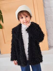 SHEIN Young Boy Open Front Fuzzy Coat - Black - View 2