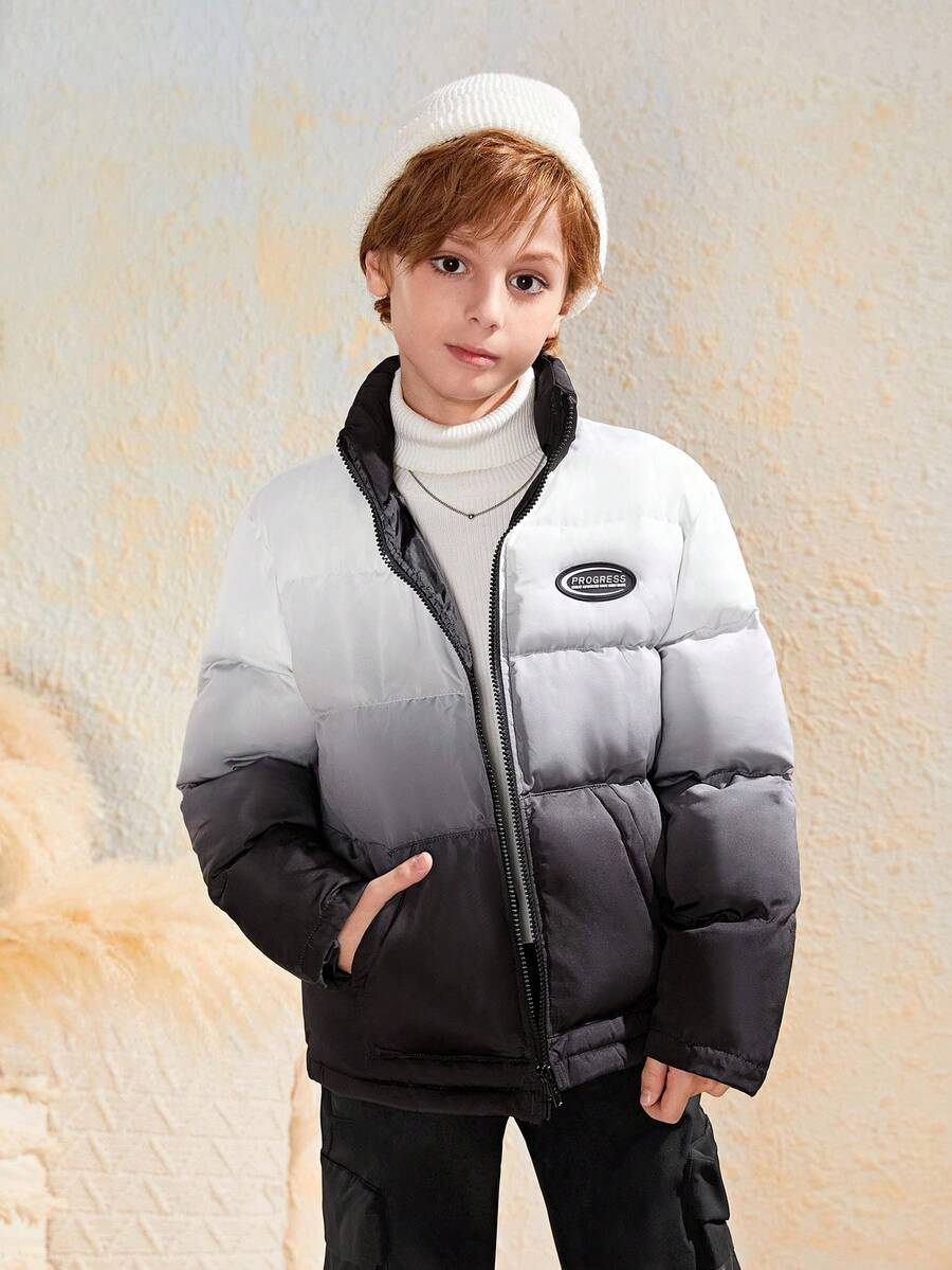 SHEIN Tween Boy 字母补丁渐变色拉链衬垫大衣 - 黑與白 - 查看 1