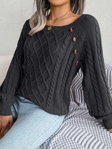 Cable Knit Button Detail Raglan Sleeve Jumper - Black - View 6