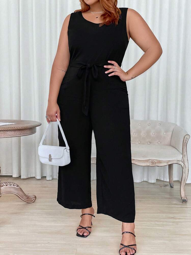 Plus Solid Belted Tank Jumpsuit