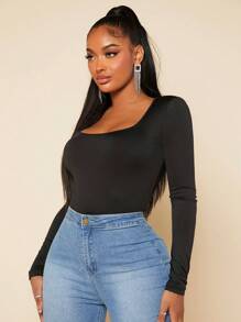 SHEIN SXY Square Neck Slim Fit With Sleeves Black Bodysuit - Black - View 6