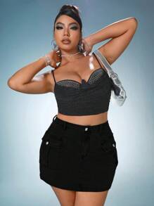 SHEIN ICON Plus Flap Pocket Denim Skirt - Black - View 5