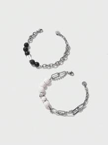 Set de 2 pulseras de acero inoxidable con diseño de piedras negras y blancas para adolescentes
