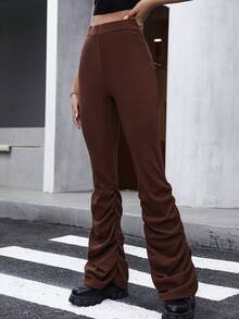 SHEIN Unity 素色彈性腰帶側收褶喇叭褲 - 棕色 - 查看 5