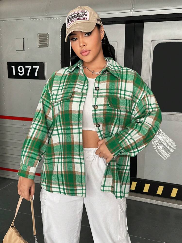 Plus Plaid Print Fringe Trim Coat Fall Cloth For Women