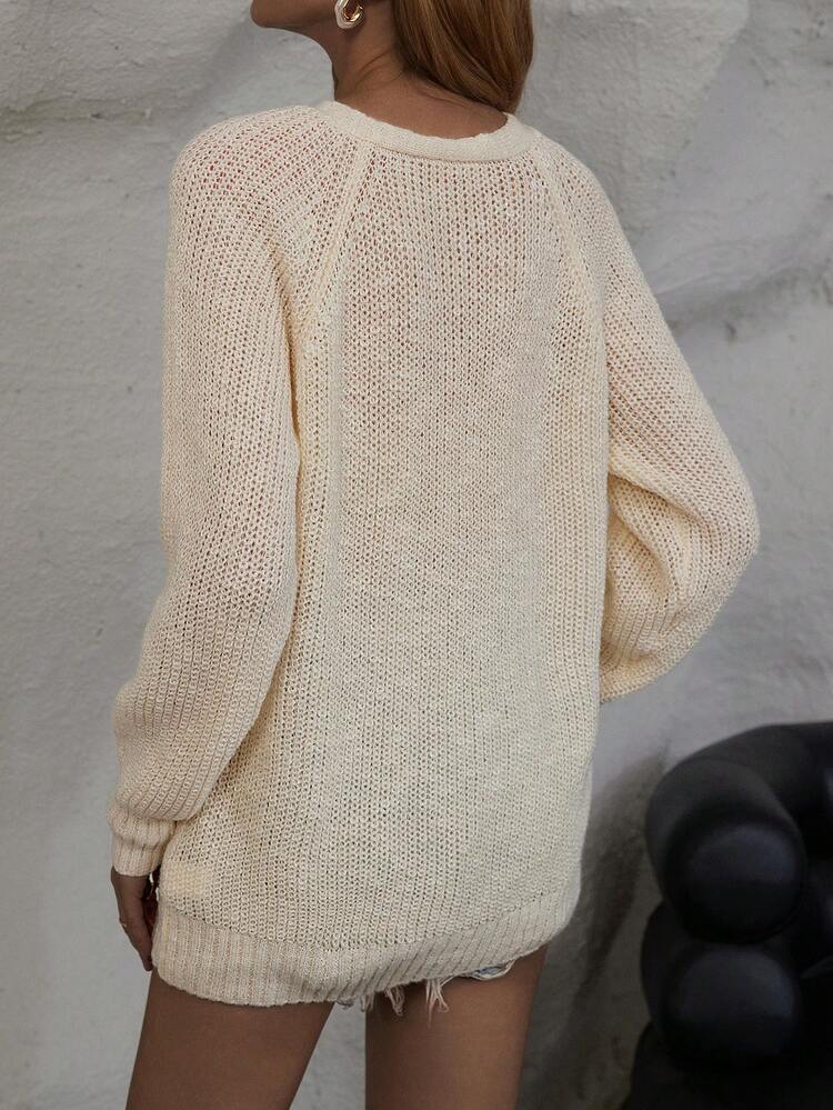 Lace Up Front Raglan Sleeve Knit Pullover Fall Winter Sweater