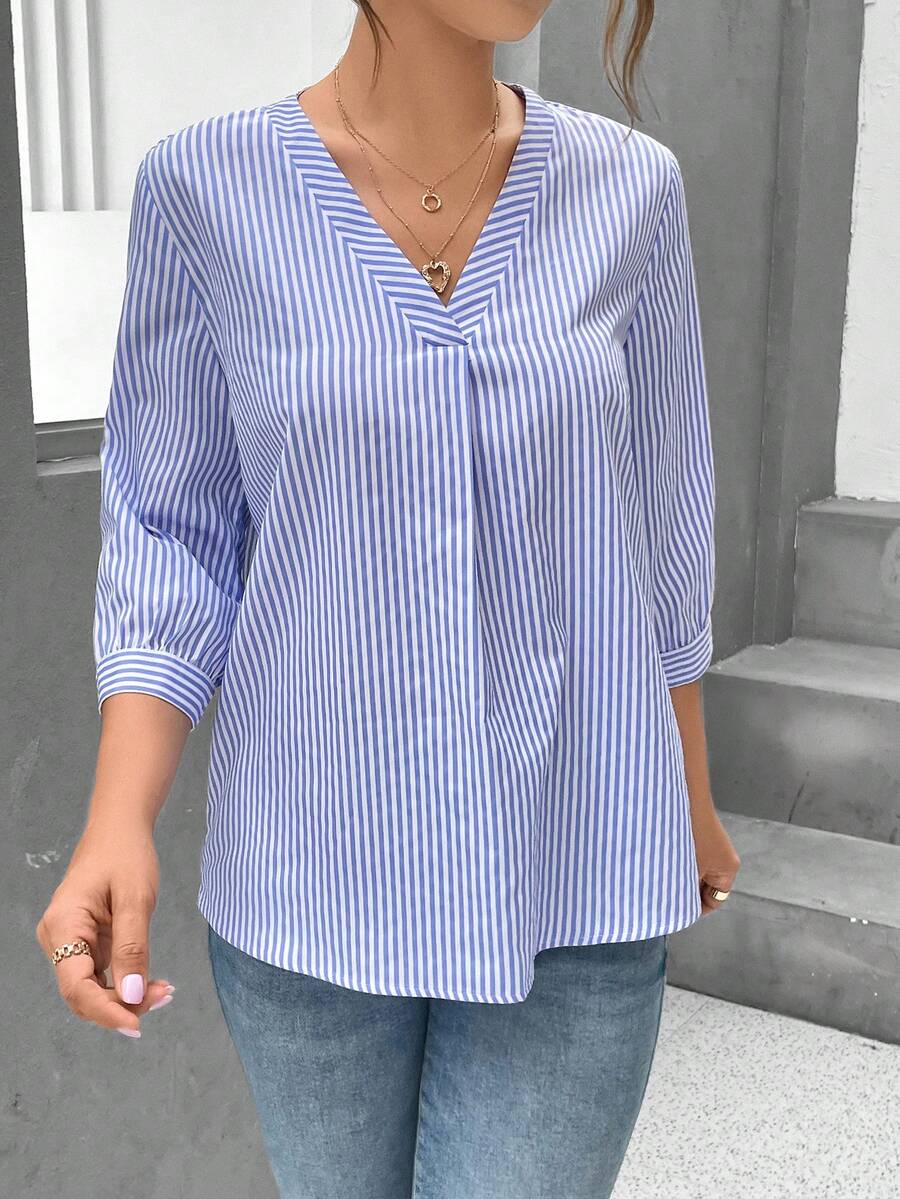SHEIN LUNE Striped Print Button Front Blouse - Blue and White - View 1
