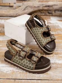 女士幾何樣式搭扣裝飾露跟涼鞋,織物時尚涼鞋 - 棕色 - 查看 2