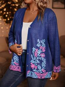 SHEIN LUNE 加花卉印花正面鈕扣開衫 - 藏蓝色 - 查看 3