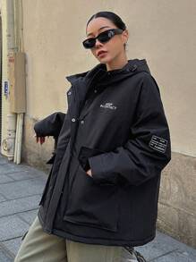 DAZY Letter Graphic Flap Pocket Drop Shoulder Drawstring Hooded Winter Thick Pockets Coat ,Winter Women Clothes,Winter Coat Women Jacket - Black - View 4