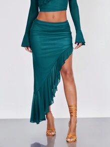 SHEIN BAE 荷葉邊不對稱下擺半身裙 - 水鴨藍 - 查看 5