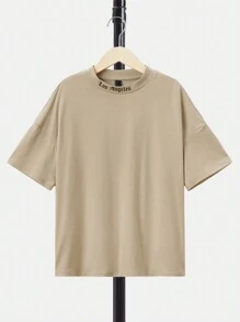 SHEIN Tween Boy 休闲圆领落肩短袖字母印花宽松 T 恤，夏季 - 卡其色 - 查看 1