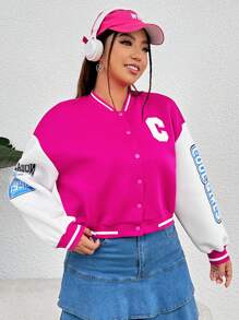 SHEIN EZwear 大碼字母圖案雙色落肩袖學院風夾克 - 粉色 - 查看 5