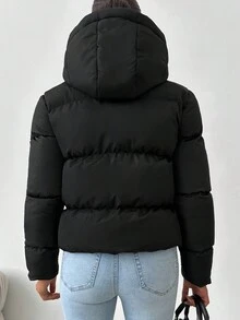 EURMUSE Zip Up Drawstring Hooded Puffer Coat - Black - View 2