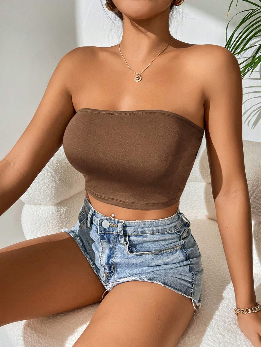 SHEIN PETITE Áo nữ màu trơn Giải trí - màu nâu - Xem 1