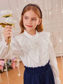 SHEIN 女大童1入組荷葉邊前蝴蝶結襯衫和1入組百褶闊腿褲 - 彩色 - 查看 3