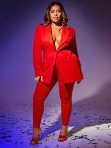 SHEIN SXY 大碼西裝領西裝外套&緊身打底褲 - 紅色 - 查看 1