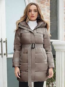 Áo khoác đệm trùm đầu dài vừa phải cho nữ kèm thắt lưng - màu nâu - Xem 3