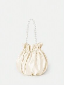 SHEIN Belle 幾何格紋公主人造珍珠和水鑽珍珠鏈條和裝飾迷你緞面手提包珍珠手柄抽褶細節適合派對,婚禮,舞會和晚餐,口紅,女士珍珠包