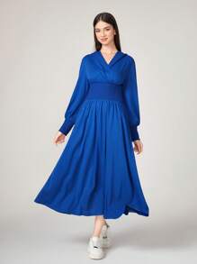 Solid Hooded Lantern Sleeve Dress - Blue - View 6