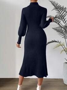 Chiquease Turtleneck Lantern Sleeve Sweater Dress - Navy Blue - View 2