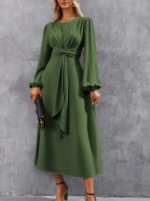 SHEIN Clasi Chất rắn Tay áo lồng đèn Váy có thắt lưng - xanh quân đội - Xem 4