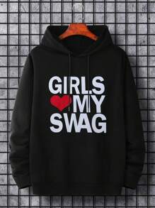 Manfinity Homme Men Plus Heart & Slogan Graphic Drawstring Hoodie - Black - View 1