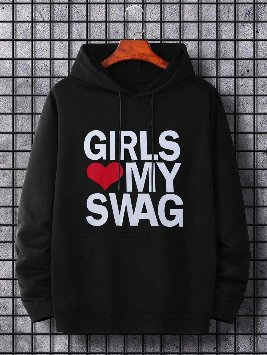Manfinity Homme Men Plus Heart & Slogan Graphic Drawstring Hoodie - Black - View 1