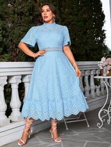 Simplee Đầm Plus Size Viên lá sen Dây kéo Tương phản ren Sò điệp Tranh thêu màu trơn Thanh lịch - Màu xanh nhạt - Xem 5