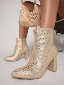SHUZIA Botas con tacón block de color metálico falso dedo de pie puntiagudo - Champán - Ver 4
