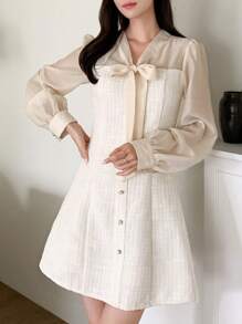 DAZY Tie Neck Button Front Puff Sleeve Dress,Fall Dress - Apricot - View 1