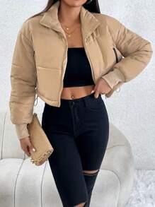 SHEIN PETITE Áo khoác đệm vai thả khóa kéo viền rút - màu nâu - Xem 6