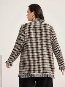 Modelyn Plus Plaid Print Raw Trim Open Front Tweed Overcoat Fall Cloth For Women - Black and White - View 2