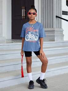 SHEIN Tween Girl Motorcycle & Letter Graphic Drop Shoulder Tee - Dusty Blue - View 4