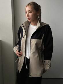 DAZY Two Tone Zip Up Hooded Coat - Khaki - View 5