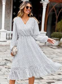 EURMUSE Women's Heart Print Overlap V-Neck Long Sleeve Ruffle Hem Elegant Dress - Multicolor - View 1