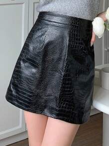 DAZY Crocodile Embossed PU Leather Skirt,Fall Clothes