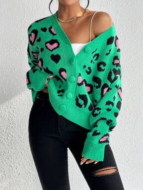 SHEIN LUNE Cárdigan de gota de hombro con estampado de leopardo, blusa de manga larga
